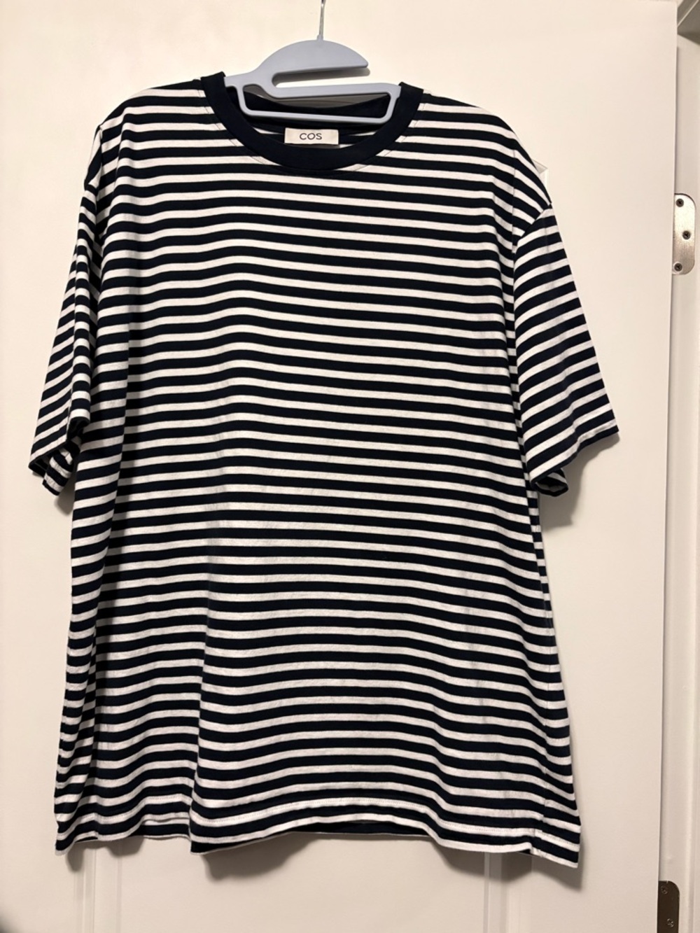 COS White and Navy Oversized Midweight Striped Short Sleeve Crew Tee sz L